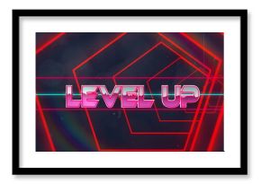 Neon LEVEL UP in a hexagon on dark with red lines