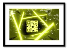 Image of blinking qr code over abstract pattern and programming language on black background