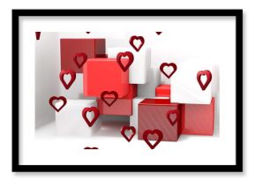 Image of red hearts over cubes on white background