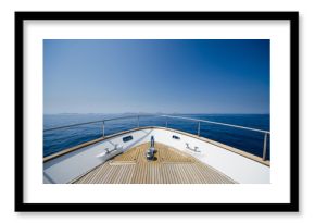 Wide angle shot of front of the yacht in summer time