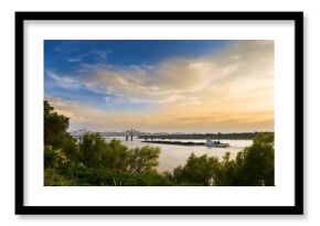 A pusher boat in the Mississippi River near the Vicksburg Bridge in Vicksburg, Mississippi, USA.