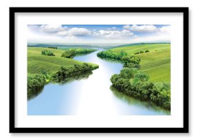 Zigzag river flows between summer valleys, color illustration