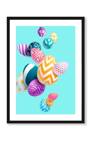 Composition of 3D Easter eggs. Holiday background.