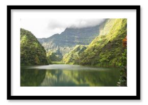 Tahiti in French Polynesia, Vaihiria lake in the Papenoo valley in the mountains, luxuriant bushy vegetation   