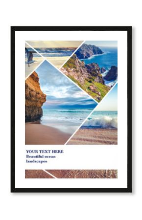 Beautiful collage with space for text, views of the ocean, the coast of Portugal, a tourist collage with seascapes