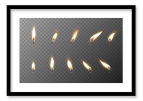 Vector 3d realistic different flame of a candle or match icon set closeup isolated on transparency grid background. Design template, clipart for graphics