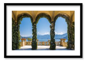 Scenic balcony overlooking Lake Como in the famous Villa del Balbianello, in the comune of Lenno. Lombardy, Italy.