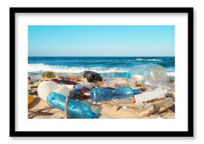 Spilled garbage on the beach of the big city. Empty used dirty plastic bottles. Dirty sea sandy shore the Black Sea. Environmental pollution. Ecological problem. Bokeh moving waves in the background  