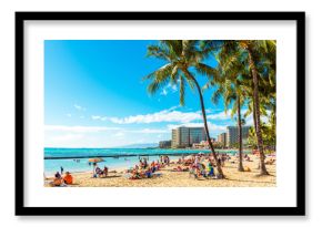 HONOLULU, HAWAII - FEBRUARY 16, 2018: View of the sandy Waikiki city beach. Copy space for text.