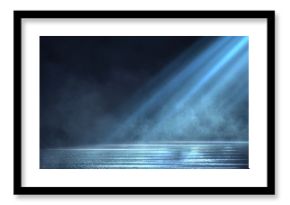 Wet asphalt, reflection of neon lights, a searchlight, smoke. Abstract light in a dark empty street with smoke, smog. Dark background scene of empty street, night view, night city.