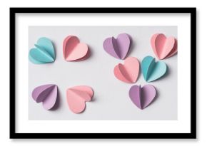 top view of love lettering made of colorful paper hearts on white background, panoramic shot