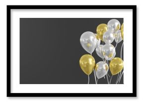 Balloons in gold and silver on black background, banner size, 3d render