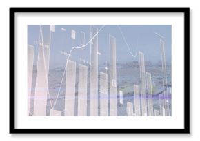 Displaying financial chart overlay on sandy beach with candlestick bars trend line numeric labels