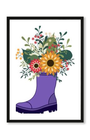 Flat design is showing purple rain boot planter holding colorful blooms on transparent background