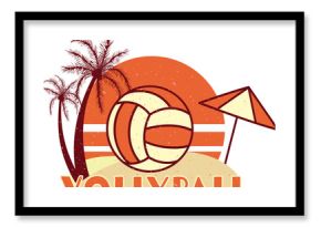 Retro design is showing volleyball on sand with striped sun and umbrella on transparent background