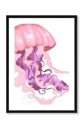Stylized vector jellyfish is floating, pink-purple bell flowing tentacles, transparent background