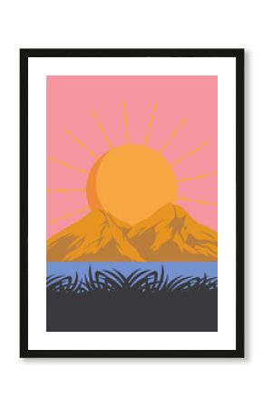 Flat design sun rising behind orange mountains over lake, grass silhouettes, transparent background