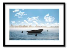 Sharks circling a small boat in the sea