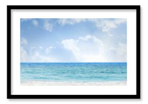 Flat design seascape is showing white sandy beach with turquoise waves under cumulus clouds