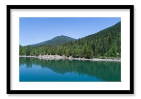 Forest on mountain by river against blue sky