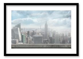 Flat design showing Manhattan skyline rising above concrete rooftop railing with river