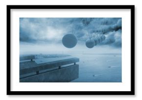 Newtons cradle above coastline