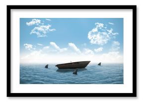 Sharks circling small boat in the ocean