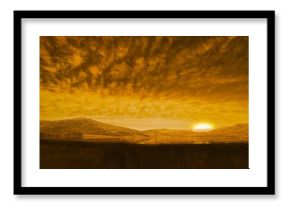 Sun rising in flat design, casting golden light on tall grasses, calm pond, rolling hills