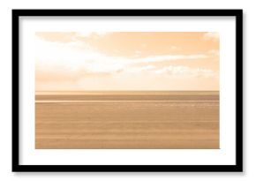 Flat design is showing vast wet sand ripples, water pools with sea horizon beneath scattered clouds