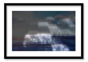 Displaying translucent digital grid panels hovering over open ocean, with glowing binary digits