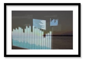 Displaying translucent bar chart overlay hovering above lake at dusk, with data panels, grid lines