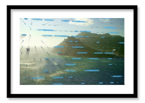 Displaying mountain island rising over ocean seascape, with blue translucent bars and vector arrows