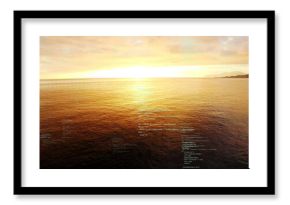 Glowing sun scattering golden reflection on ocean surface at dusk, with clouds and far coastline