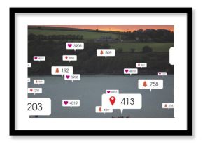 Floating notification bubbles drifting above sunset lake with red canoe and distant farmhouse
