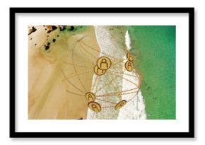 Hovering golden globe overlaying coastal beach meeting turquoise sea, avatar connections