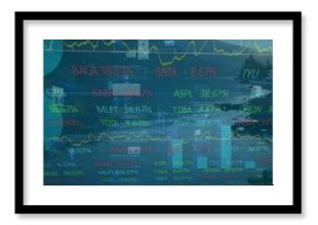 Displaying financial data overlay on mountain lake shore, with ticker symbols, line and bar charts