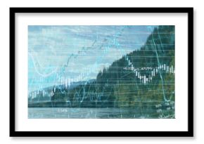Displaying forested lakeshore blending water with financial candlestick charts and grid overlays