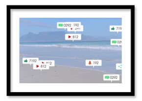 Floating callouts showing metrics at beach shore, thumbs-up comment view notification share icons