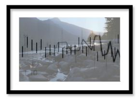 Flowing shallow stream over smooth river rocks in mountain valley, with financial chart overlay