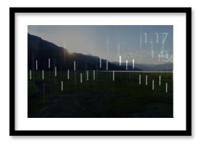 Showcasing grassy meadow, lake in mountain valley at dusk, with white chart bars and numeric info