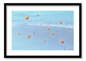 Displaying semi-transparent overlays on seaside beach, showing orange recycling and power icons