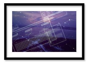 Floating digital interface overlay on twilight beach, showing numeric panels and network nodes