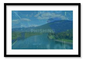 Displaying transparent PHISHING overlay hovering above forested river valley, with binary code