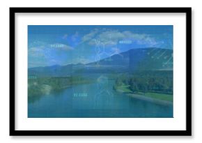 Overlaying river valley, displaying interface with grid overlay, DNA helix and brain
