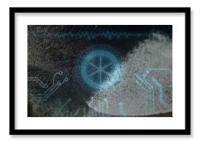 Circular HUD floating over coastal sea, showing breaking waves with circuit lines, waveform overlay