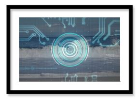 Overlaying circular HUD showing waveform on ocean wave, with turquoise circuit grid and code text