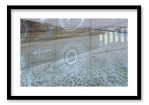 Displaying circular HUD overlaying sandy coastline, with radial chart, waveform, bar chart overlays