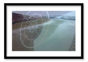 Displaying glacial lake view through radar HUD, with rings, grid lines, indicator dots and icebergs