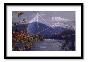 Displaying digital network overlay at mountain lake with golden nodes, mesh globe and floating code