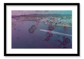 Cutting small motorboat leaving wake trail through sea near hillside town, with sphere-line mesh